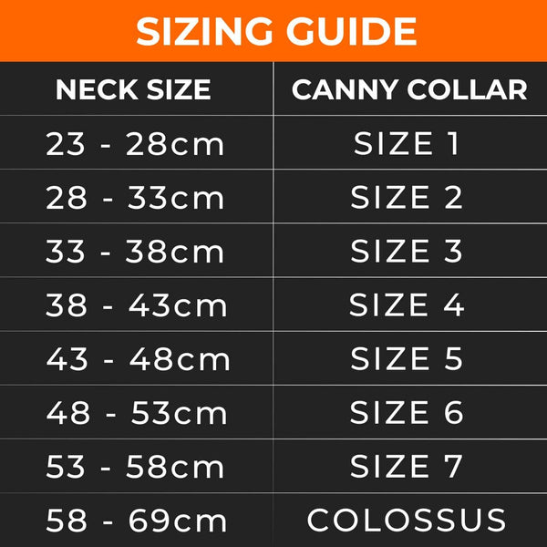 Canny Collar sizing guide with neck measurements