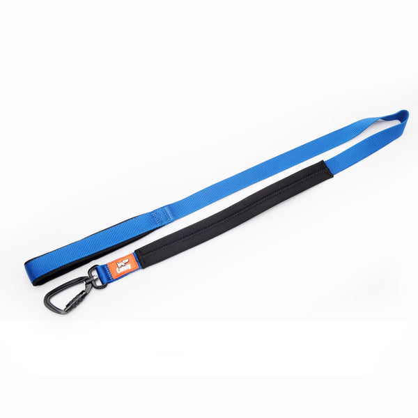 Canny Lead in blue for medium to large dogs with locking carabiner clip. Neoprene handle & grip.