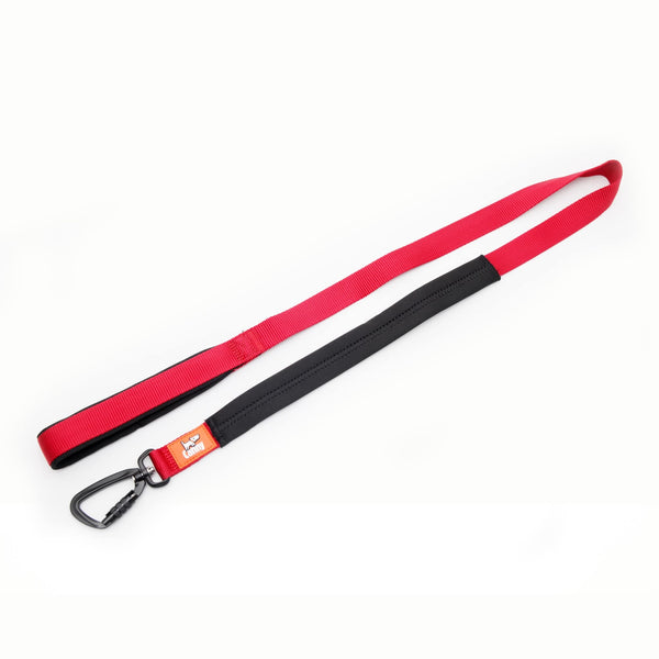 Canny Lead in red for medium to large dogs with locking carabiner clip. Neoprene handle & grip.